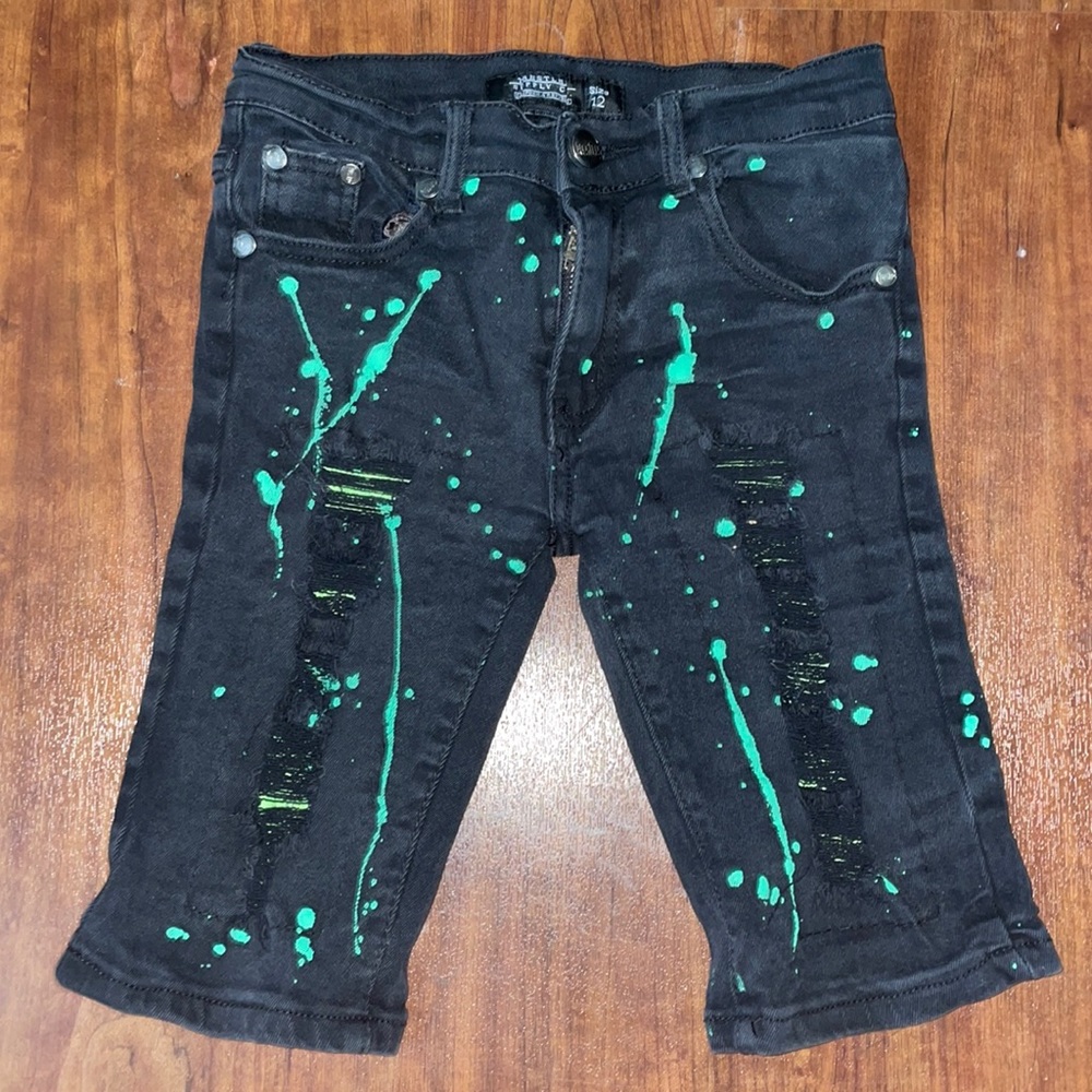 ❗️3for$15 Boys Trestles Black Denim Neon Green Splatter Distressed Shorts 12